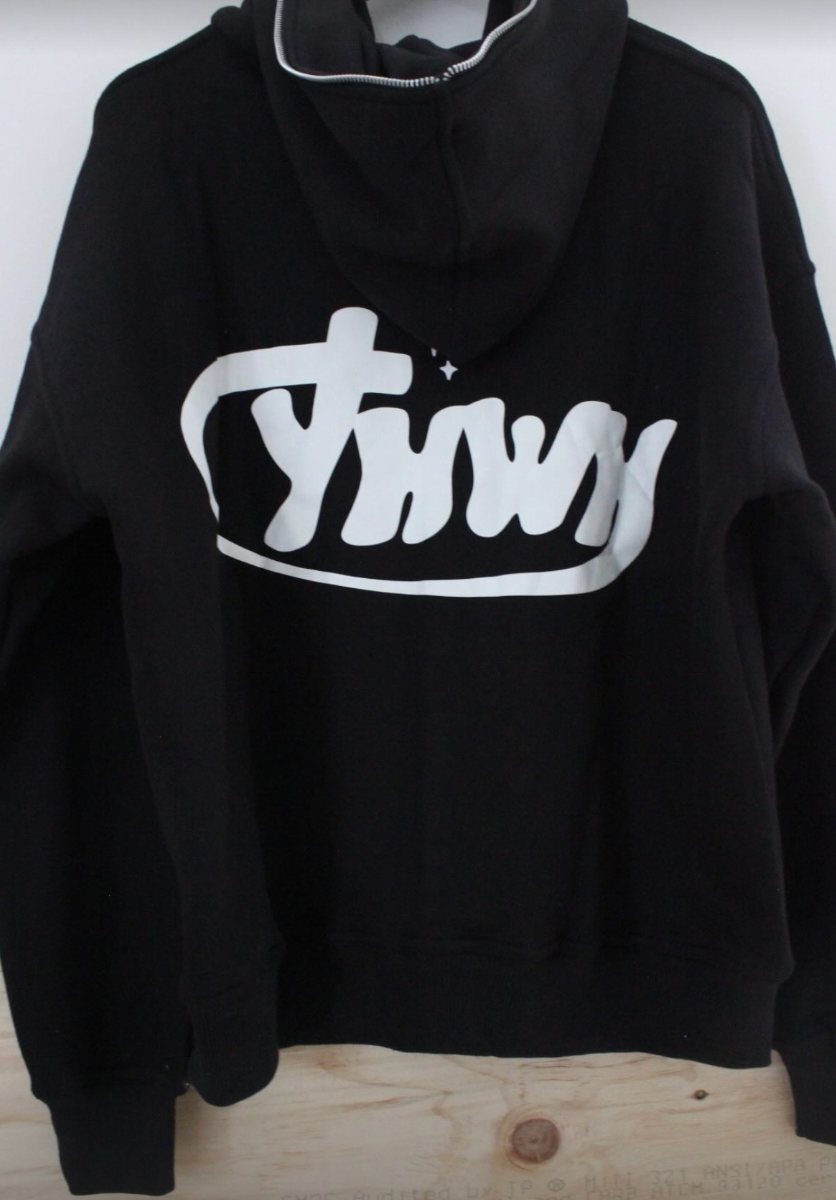 Back of the black Y.W Studios zip hoodie with the white Y.W logo